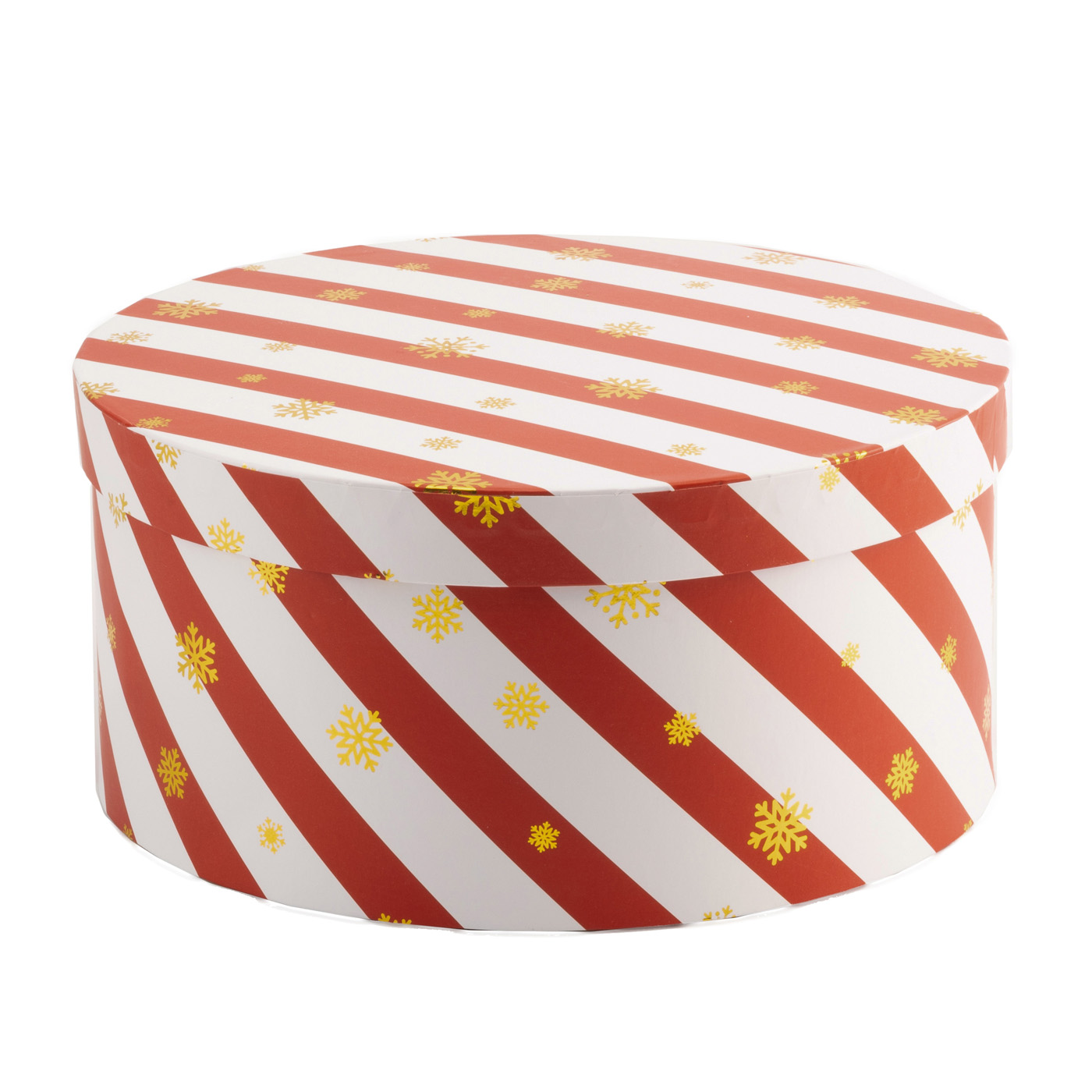 Outlet20 Подарункова коробка кругла  смугаста "Золоті сніжинки" 22.5*22.5*10.7,  2110978704/1020584