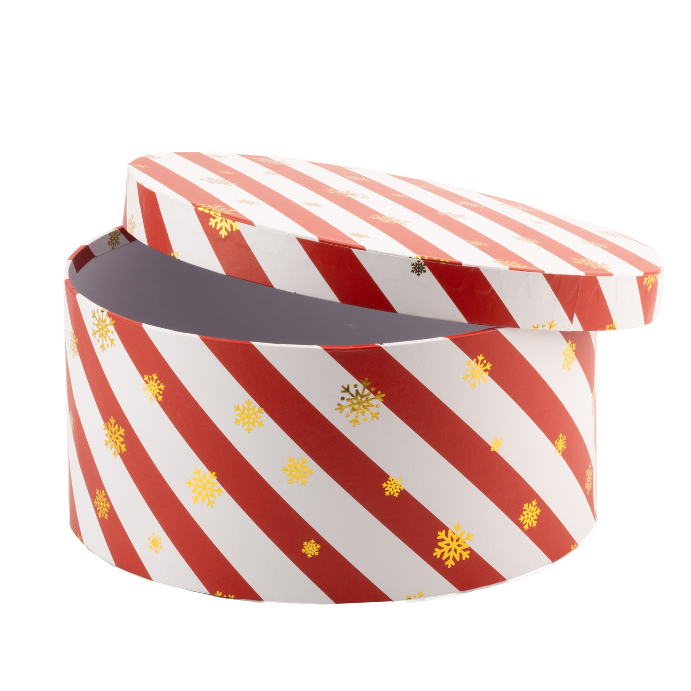 Outlet20 Подарункова коробка кругла  смугаста "Золоті сніжинки" 22.5*22.5*10.7,  2110978704/1020584 1
