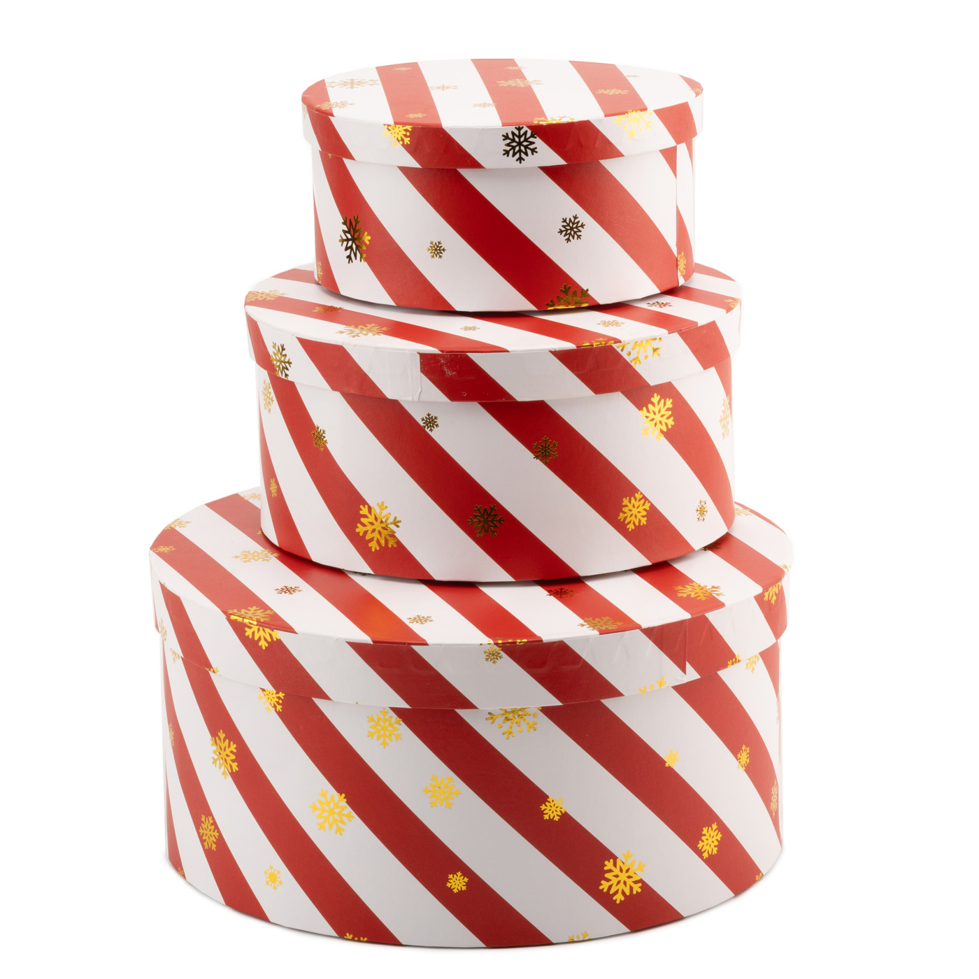Outlet20 Подарункова коробка кругла  смугаста "Золоті сніжинки" 22.5*22.5*10.7,  2110978704/1020584 2