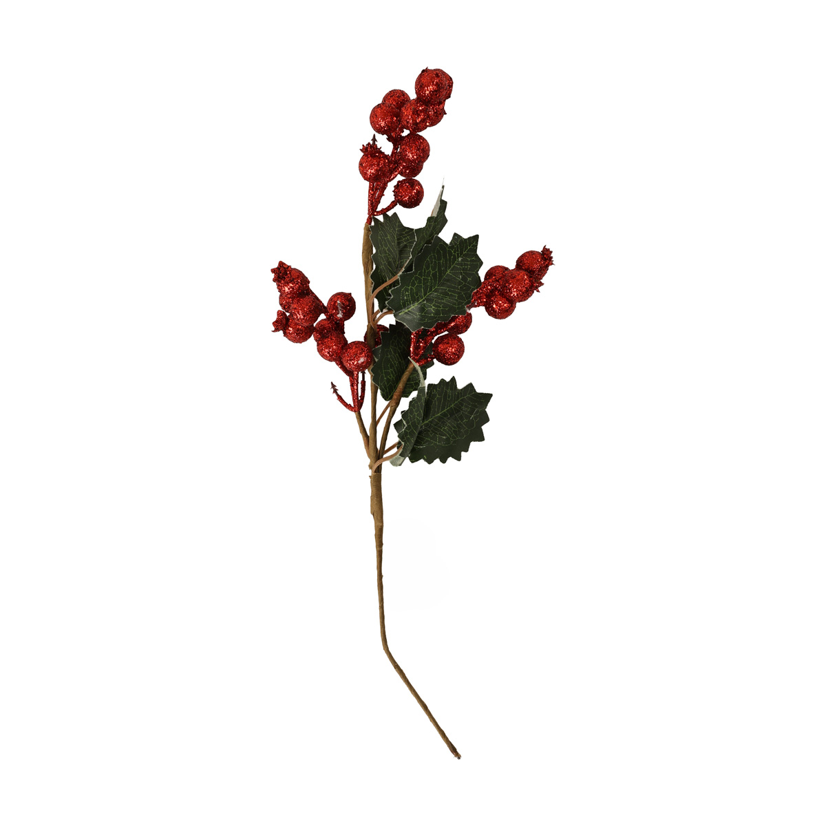 Декор новогодний Искусственная веточка 42 см с ягодами красными/листвой, глиттер, 90060118
