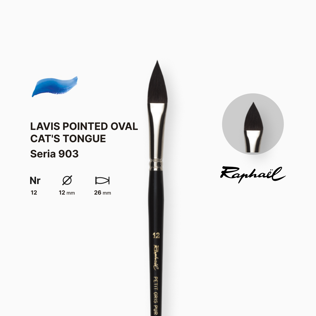 Кисть с заостренным овальным ворсом "Кошачий язык" Raphael, короткая черная лакированная ручка, №12, 903.12 1