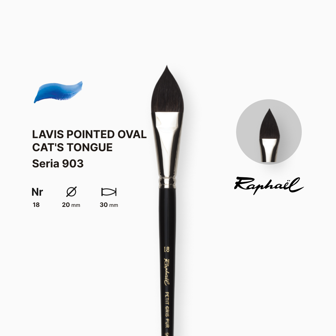 Кисть с заостренным овальным ворсом "Кошачий язык" Raphael, короткая черная лакированная ручка, №18, 903.18 1