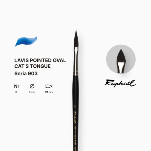 Кисть с заостренным овальным ворсом "Кошачий язык" Raphael, короткая черная лакированная ручка, №6, 903.6 1