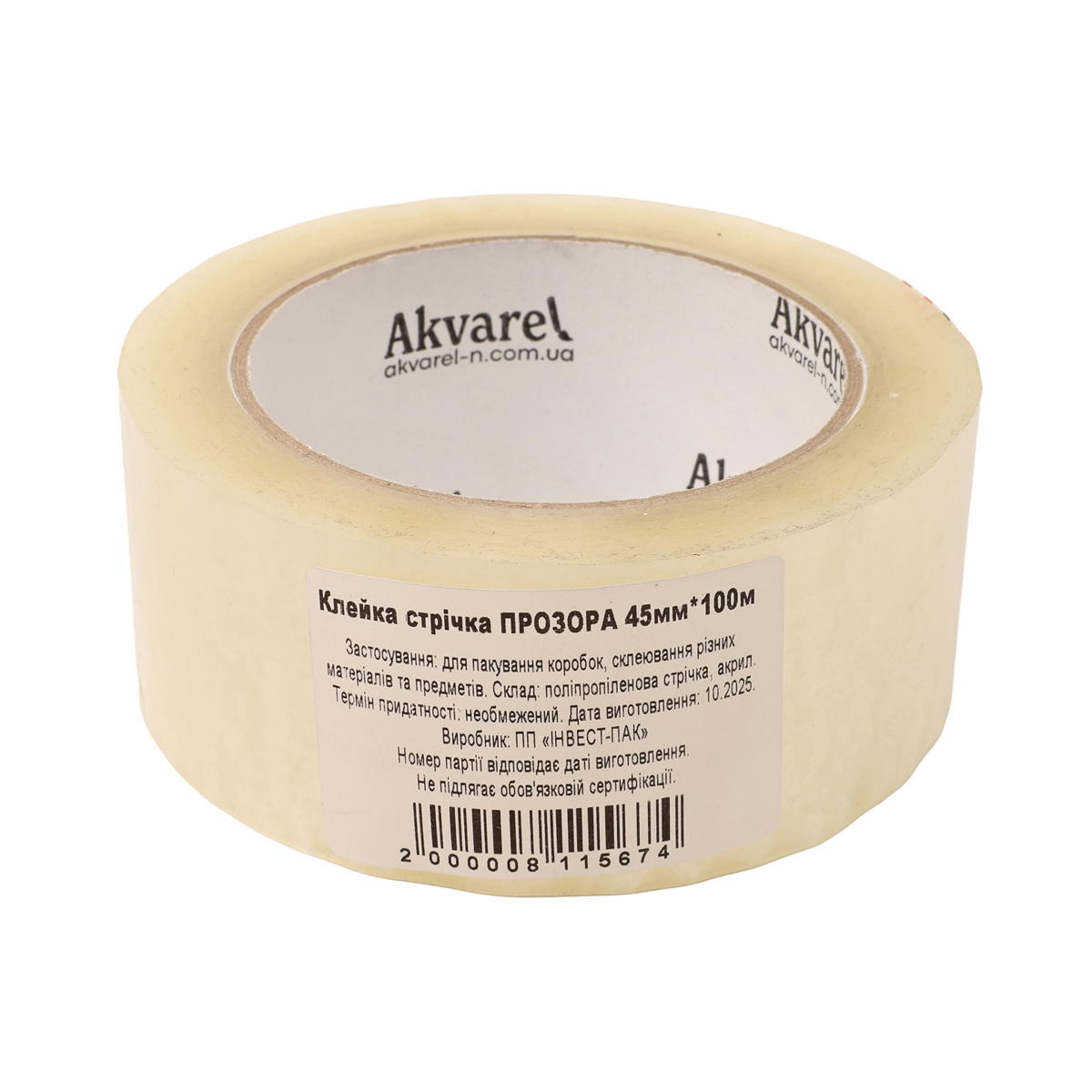 Скотч пакувальний 45 мм*100 м, 38 мкм, прозорий, Akvarel (72) 1