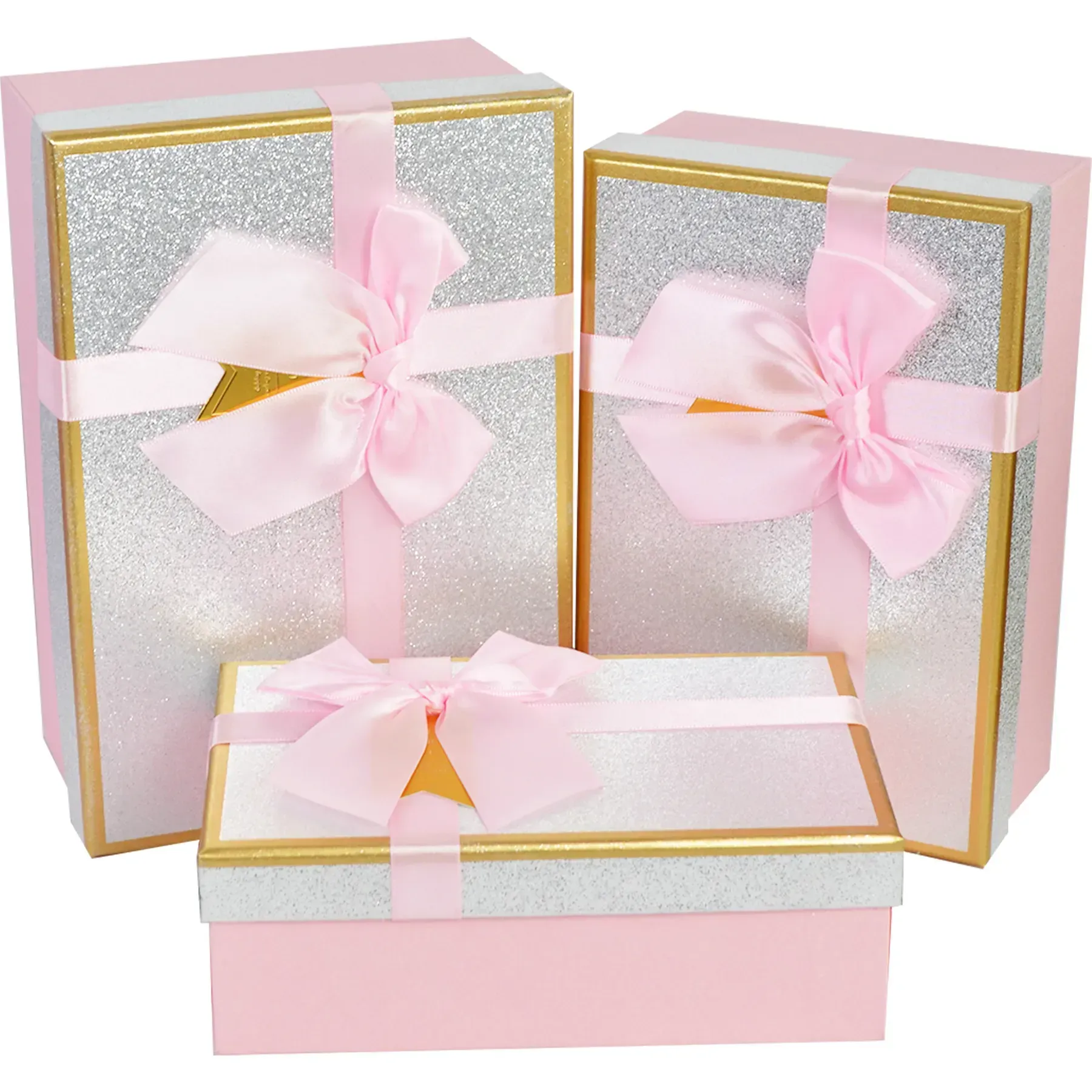 Подарункова коробка прямокутна, "Срібний глітер" з бантом, 23*16*9,5 см, 1103402813