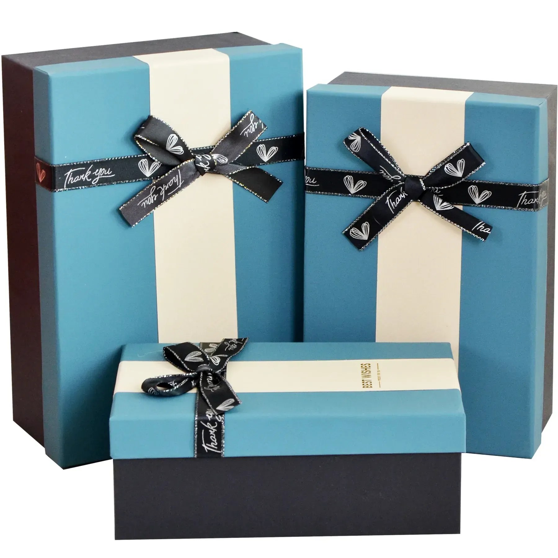 Подарункова коробка прямокутна, чорно-блакитна з білою смугою та бантом, 21*14*8 см, 1103439442