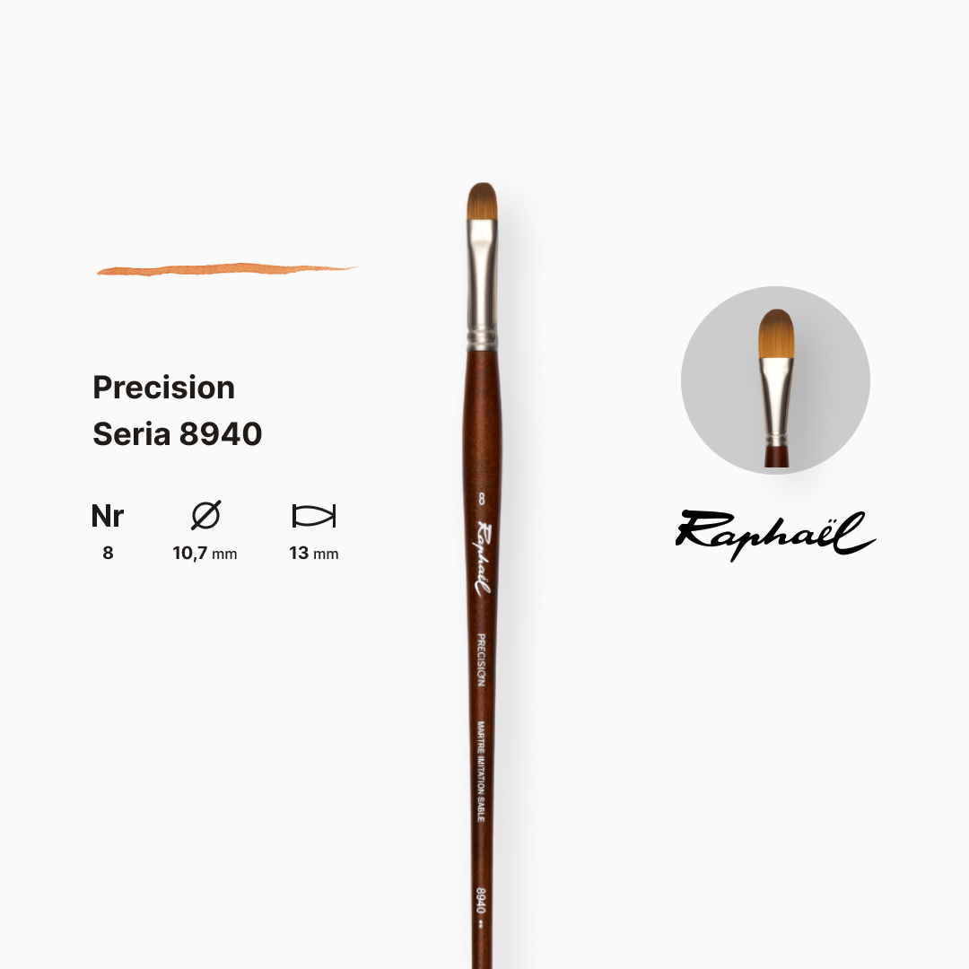 Пензель синтетика овальна "Raphael" Precision, №8, для акрилу та олії, довга ручка, 8940.8 1