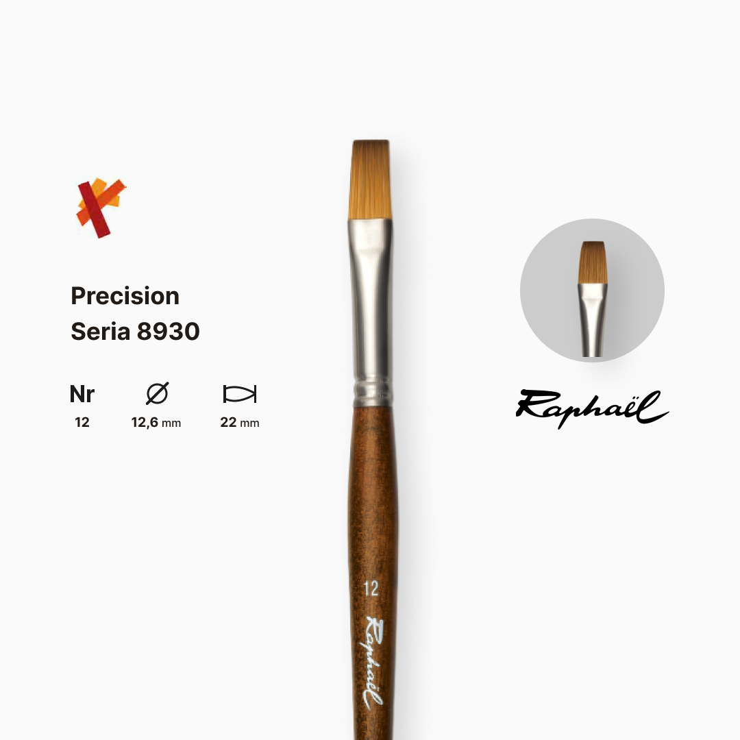 Пензель синтетика плоска "Raphael" Precision, №12, для акрилу та олії, довга ручка, 8930.12 1