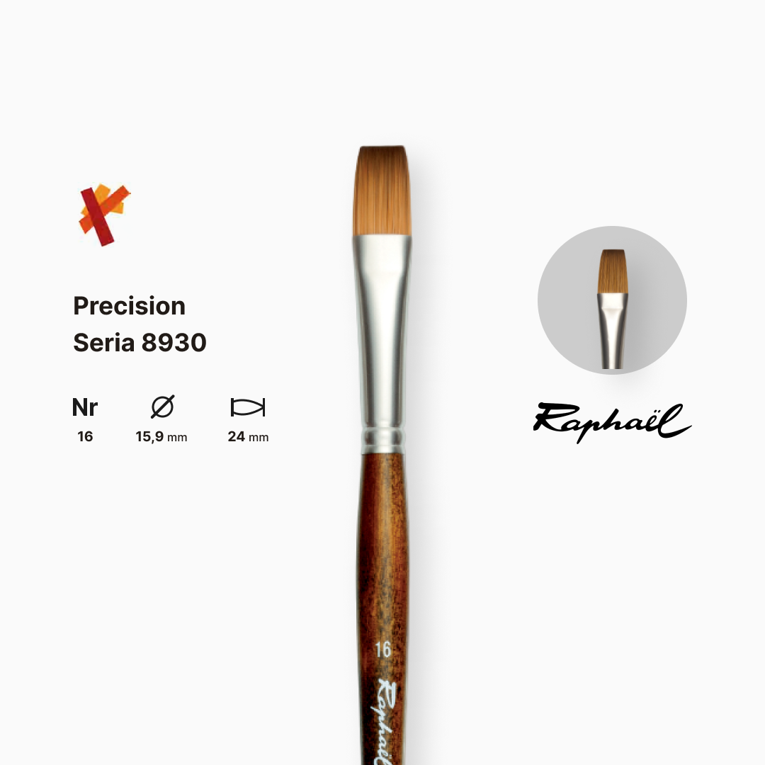 Пензель синтетика плоска "Raphael" Precision, №16, для акрилу та олії, довга ручка, 8930.16 1