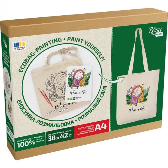 Набор, экосумка-раскраска "Music is Life", хлопок 220 г/м2, 38*42 см, ROSA Talent