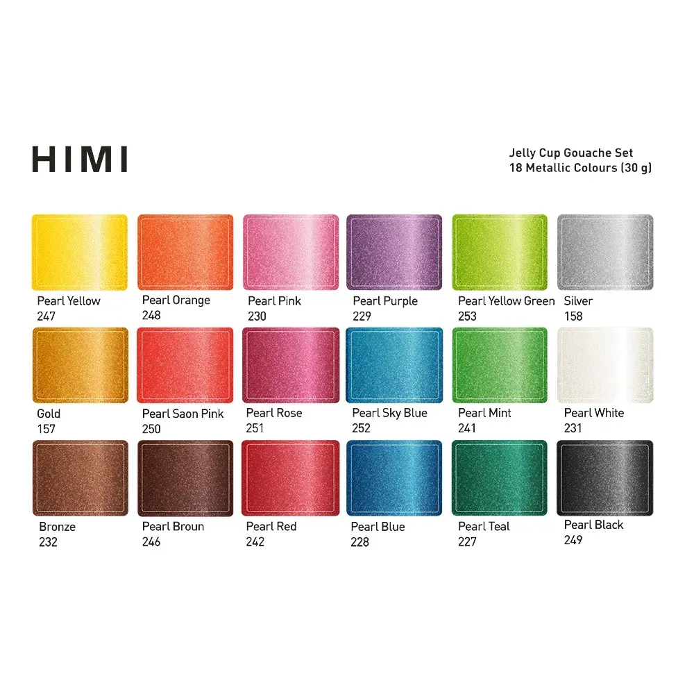 Набор гуашевых красок Jelly Cup 18*30 мл, Металлики, желтый пластик.пенал, HIMI 9