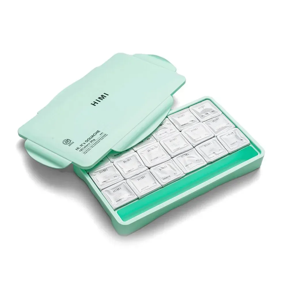 Набор гуашевых красок Jelly Cup 18*30 мл+3 кисти, зеленый пластик.пенал, HIMI 1