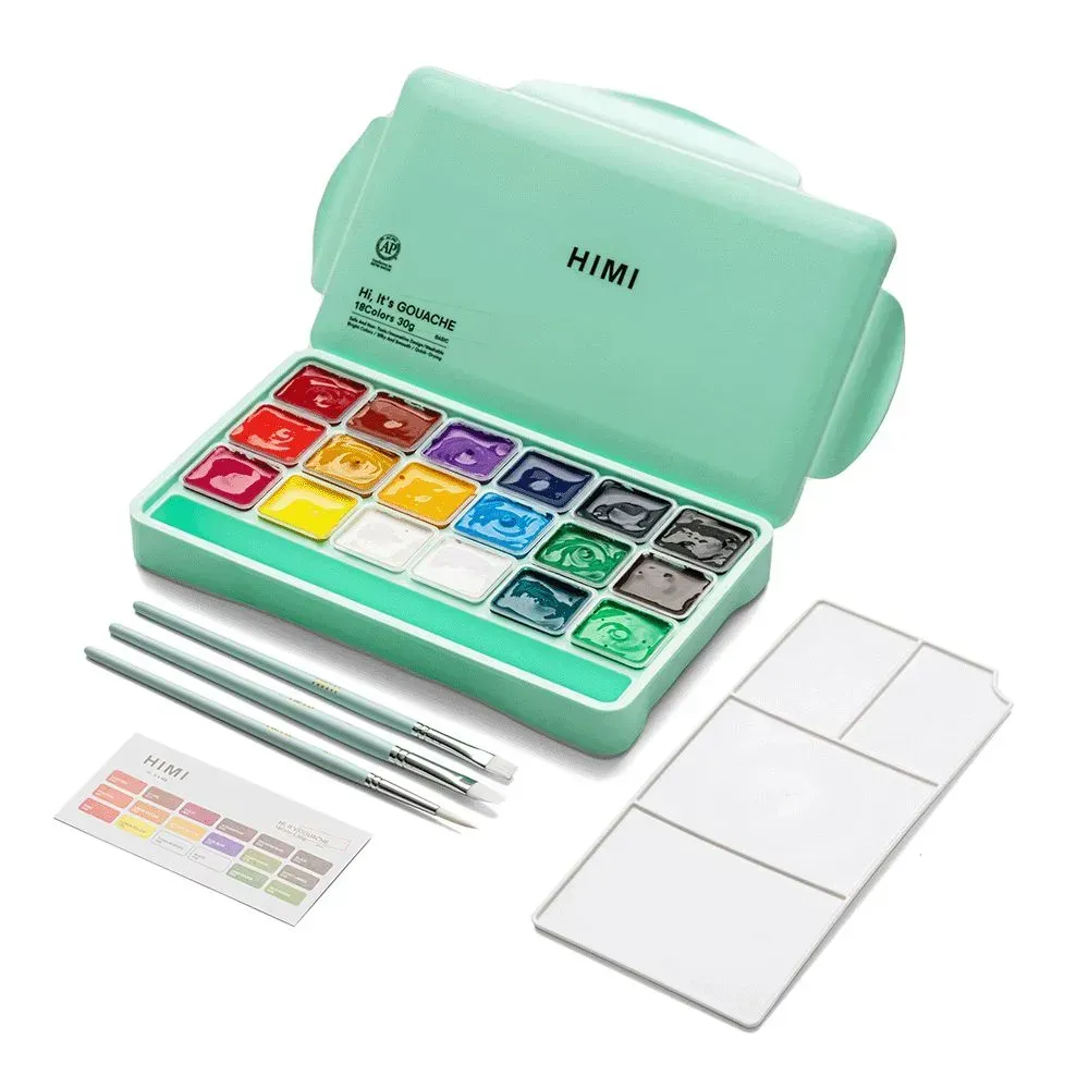 Набор гуашевых красок Jelly Cup 18*30 мл+3 кисти, зеленый пластик.пенал, HIMI 2