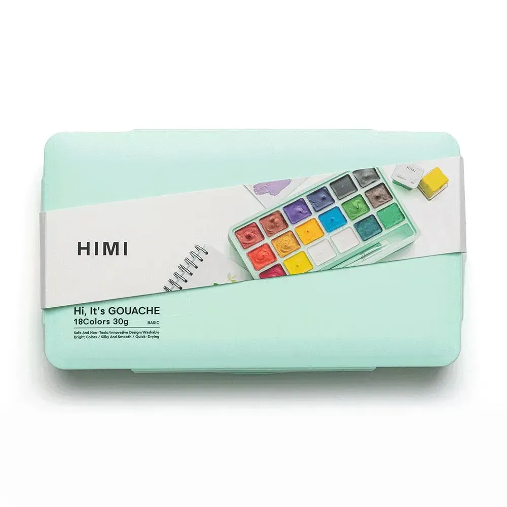 Набор гуашевых красок Jelly Cup 18*30 мл+3 кисти, зеленый пластик.пенал, HIMI