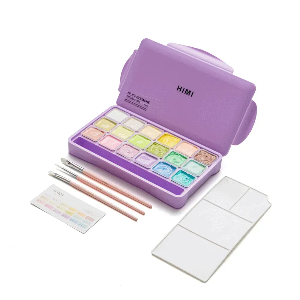 Набор гуашевых красок Jelly Cup 18*30 мл+3 кисти, Пастельные, фиолетовый пластик.пенал, HIMI 3