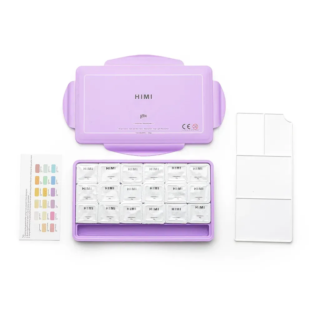 Набор гуашевых красок Jelly Cup 18*30 мл+3 кисти, Пастельные, фиолетовый пластик.пенал, HIMI 2