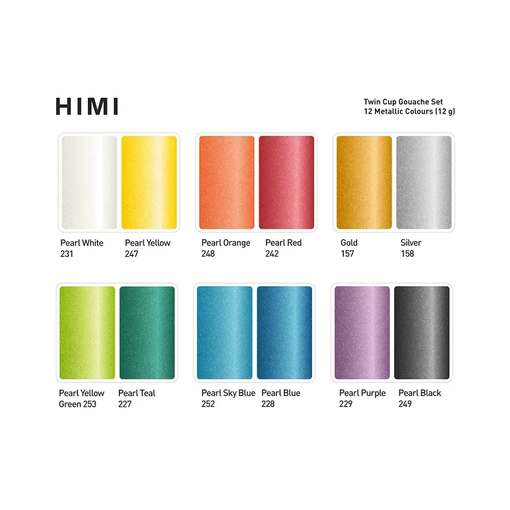 Набор гуашевых красок Twin Cup 12*12 мл, Металлик, желтый пластик.пенал, HIMI 12