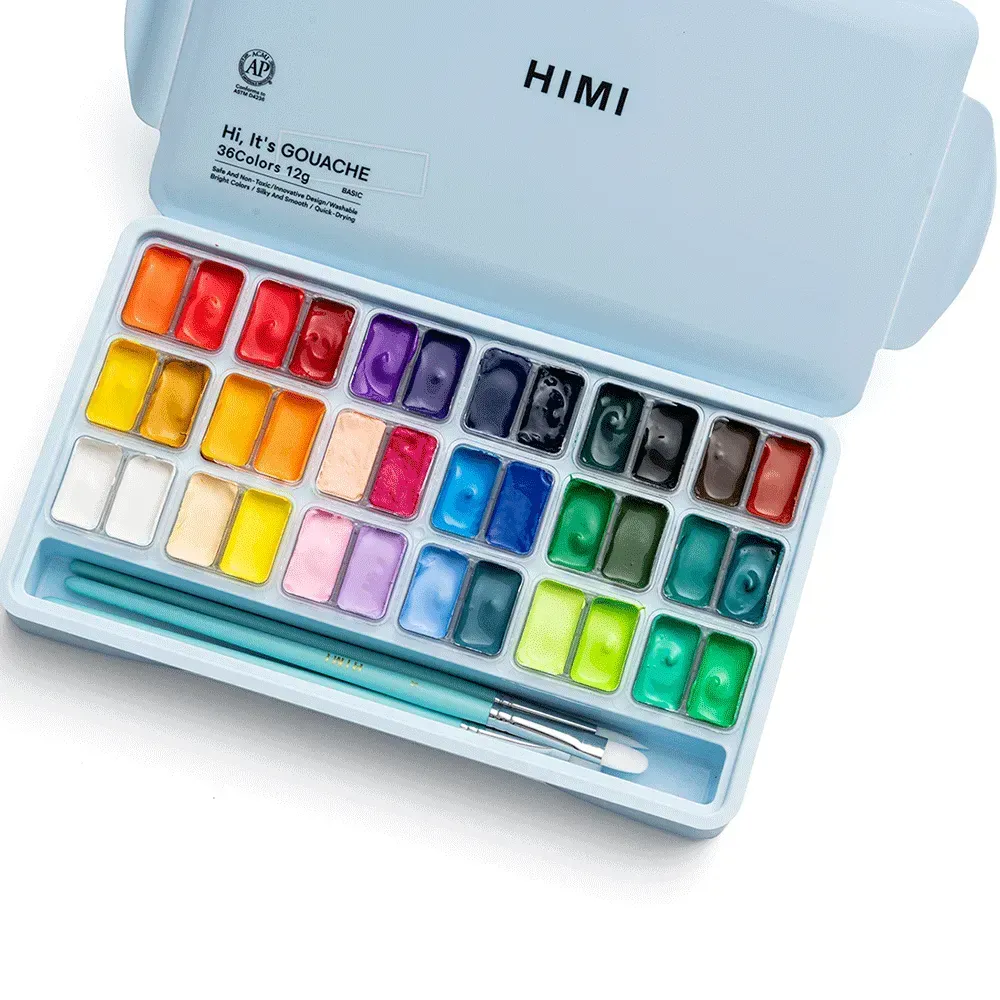 Набор гуашевых красок Twin Cup 36*12 мл+3 кисти, голубой пластик.пенал, HIMI 3