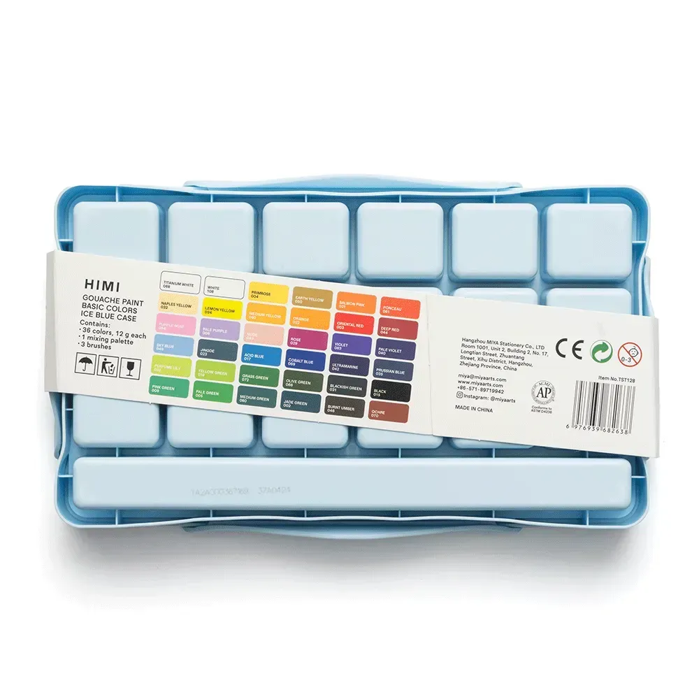 Набор гуашевых красок Twin Cup 36*12 мл+3 кисти, голубой пластик.пенал, HIMI 10