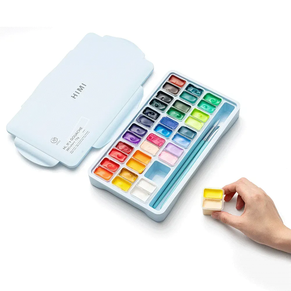 Набор гуашевых красок Twin Cup 36*12 мл+3 кисти, голубой пластик.пенал, HIMI 8