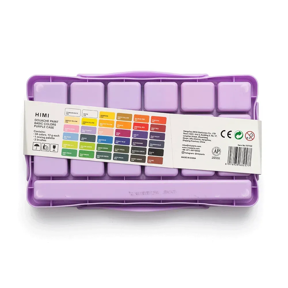 Набор гуашевых красок Twin Cup 36*12 мл+3 кисти, фиолетовый пластик.пенал, HIMI 8