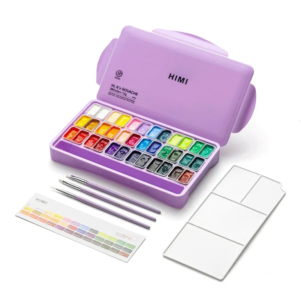 Набор гуашевых красок Twin Cup 36*12 мл+3 кисти, фиолетовый пластик.пенал, HIMI 6