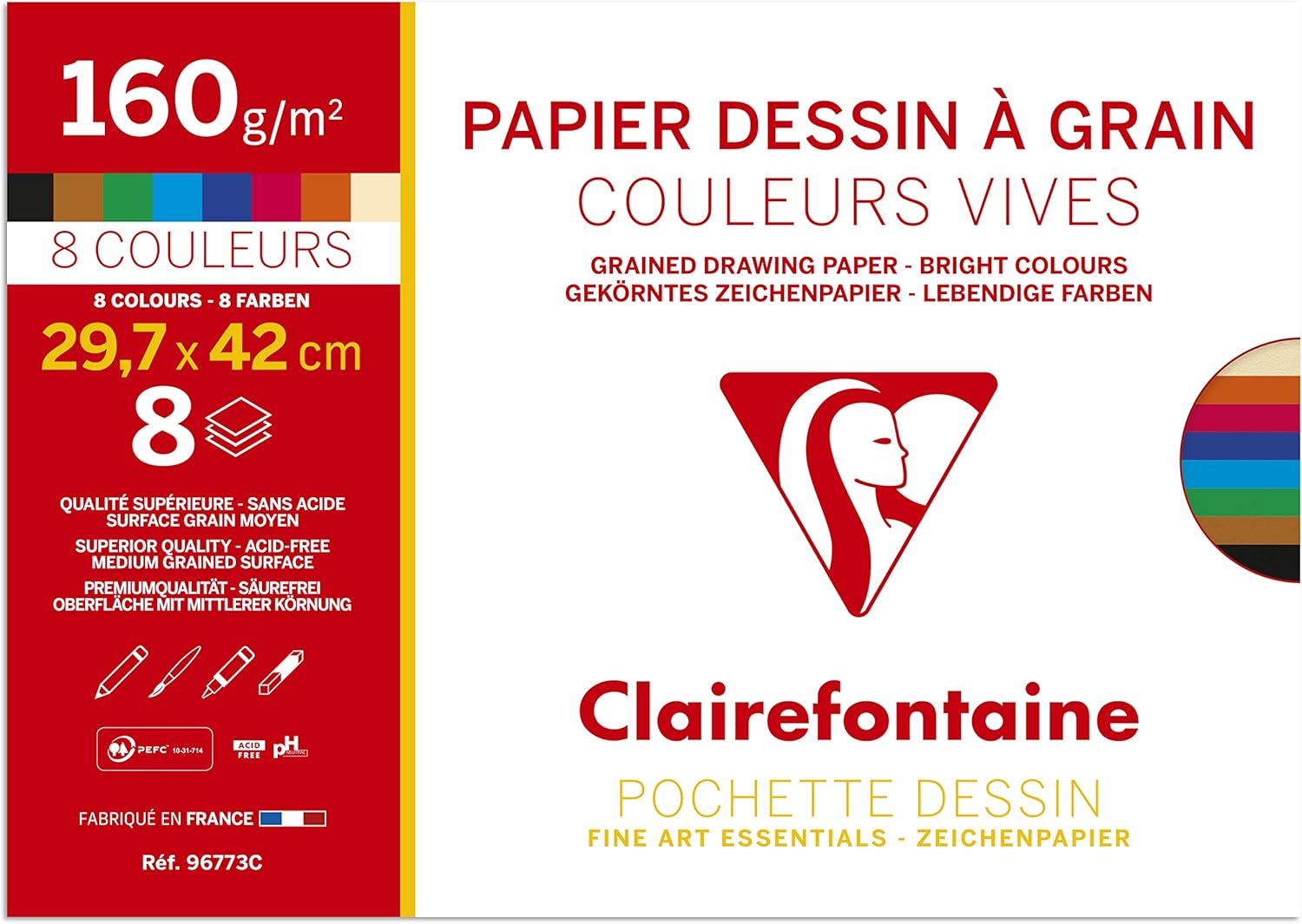 Папка для пастелі А3 Dessin a Grain, 8арк. (160 г/м2), папір яскравих кольор., 96773C Clairefontaine