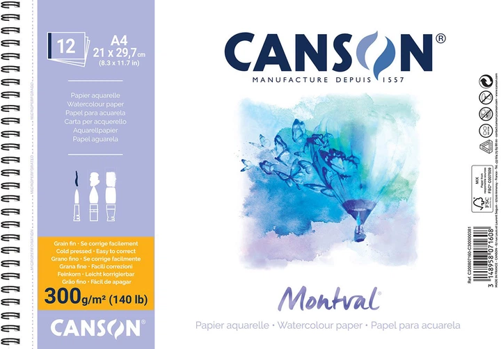 Альбом для акварелі А4 12 арк. "MONTVAL" 300 г, натуральний білий, середнє зерно, Canson
