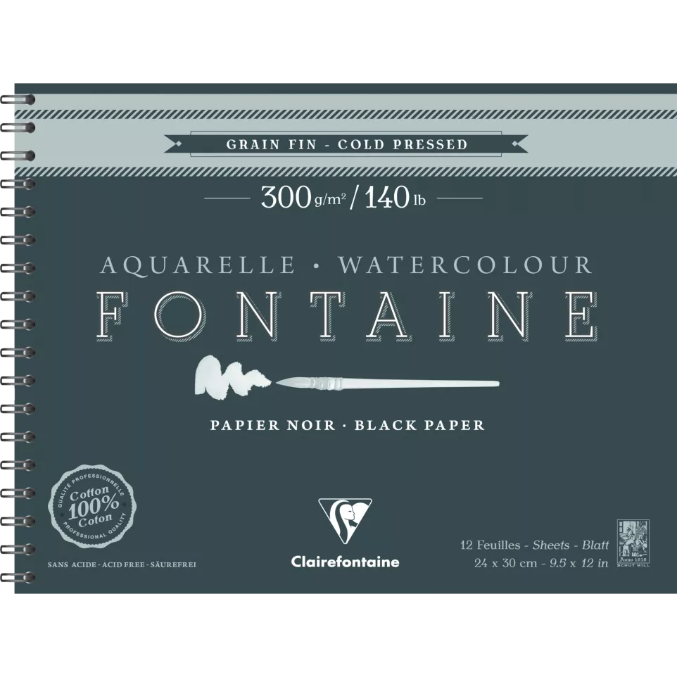 Альбом д/акварели 24*30 см Fontaine (хол.пресс), 12 л. (300г/м2), боковая спираль,черная бумага, 975311C