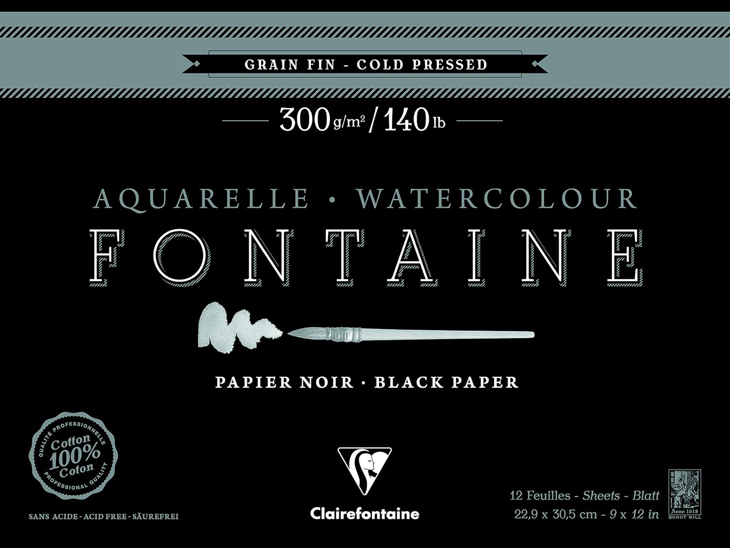 Склейка д/акварели 23*31 см Fontaine с 4-х сторон (хол.пресс), 12 л. (300г/м2), чер.бумага, 975308C