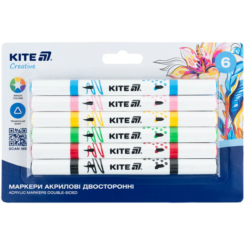 Маркери акрилові двосторонні, 6шт Kite Creative, K-1293
