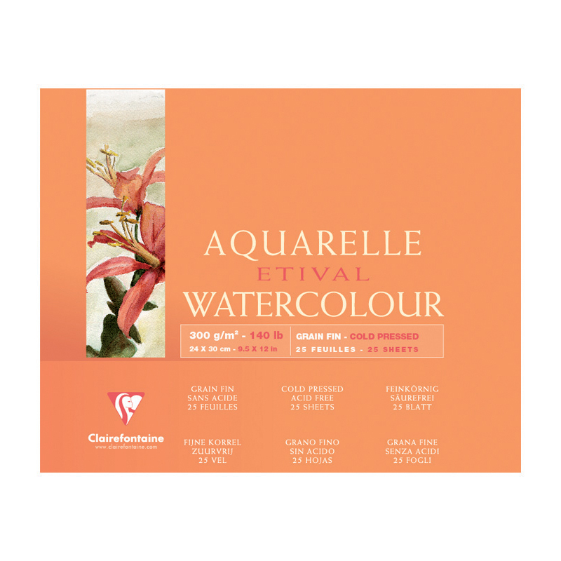 Склейка для акварели 24*30 см Watercolors с 4-х сторон (холодный пресс), 25 л. (300 г/м2), целлюлоза, 96471C Clairefontaine