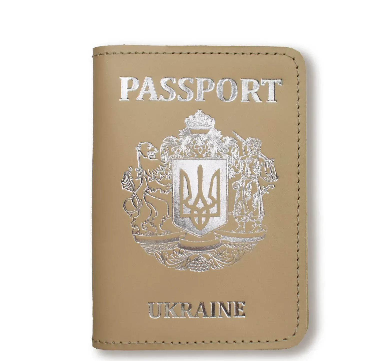 Обкладинка для паспорта Passport з великим Гербом (бежева, срібне тиснення)