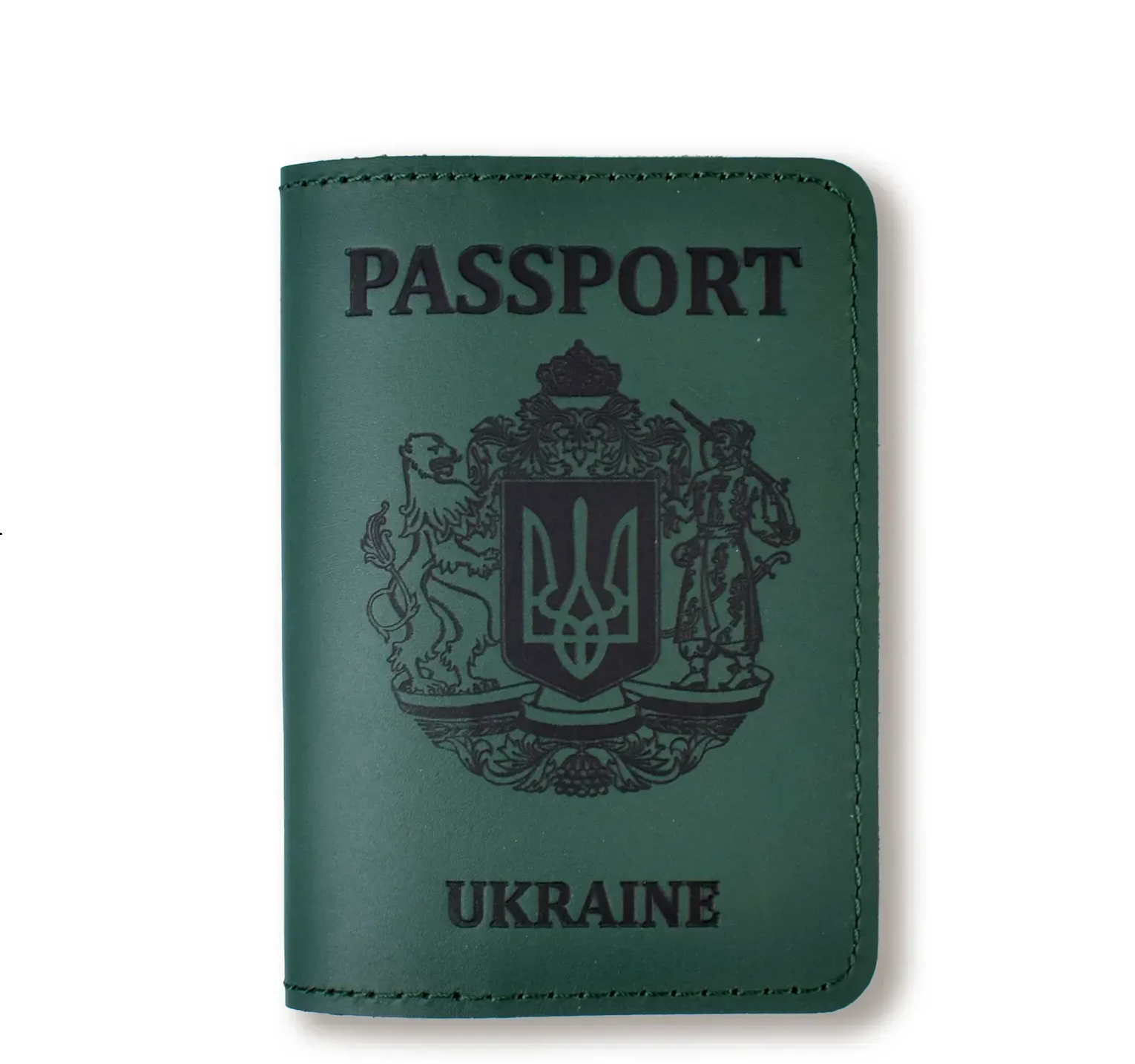 Обкладинка для паспорта Passport з великим Гербом (зелена, чорне тиснення)