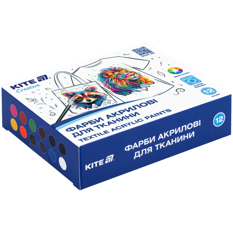 Фарби акрилові для тканини, 12 кольорів, 20 мл,Kite Creative, K-276