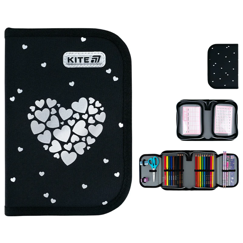 Пенал Kite 1 від., 2 відв., з наповненням 622H Black&Silver, K26-622H-5