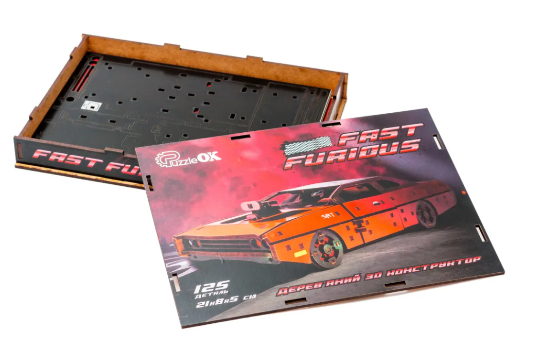 Конструктор дерев’яний 3D "Fast Furious", дет 125, червоний кол, 21*8*5 см, Puz-62520, PuzzleOk вид товару
