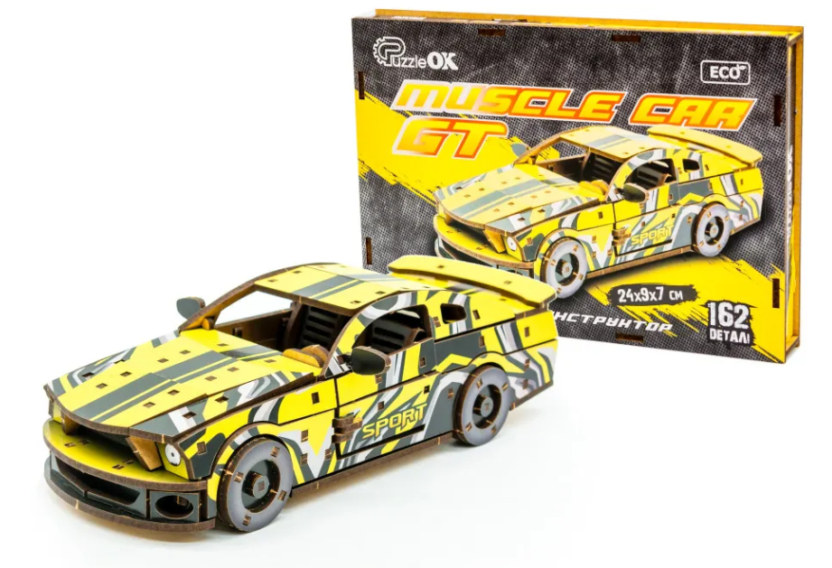 Конструктор дерев’яний 3D "Muscle car GT" (жовта), PuzzleOk