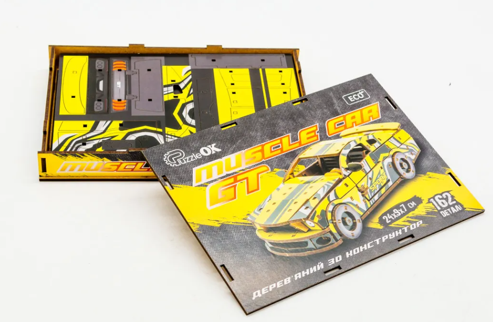 Конструктор дерев’яний 3D "Muscle car GT" (жовта), PuzzleOk зображення товару
