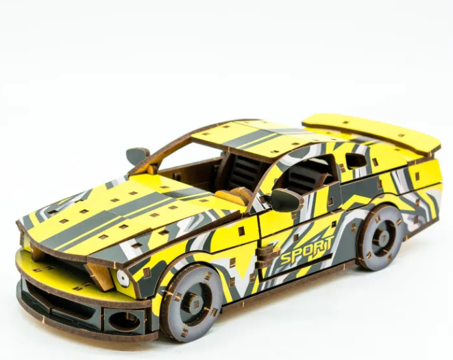 Конструктор дерев’яний 3D "Muscle car GT" (жовта), PuzzleOk зовнішній вигляд