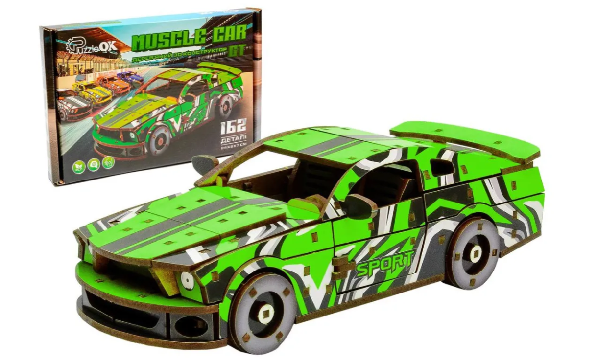 Конструктор дерев’яний 3D "Muscle car GT" (зелена), PuzzleOk