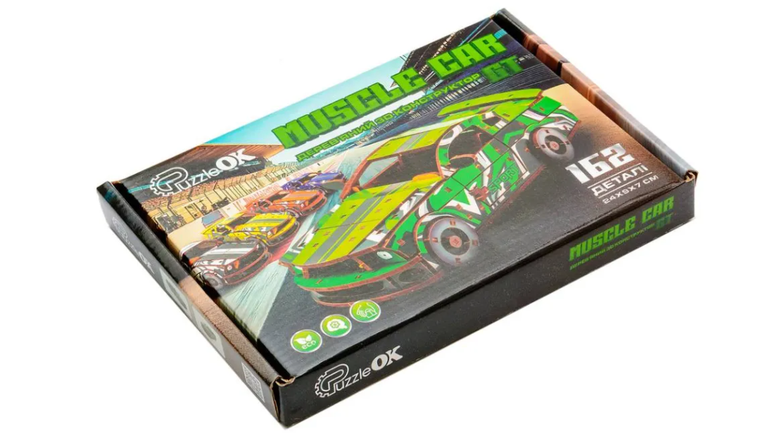 Конструктор дерев’яний 3D "Muscle car GT" (зелена), PuzzleOk модель