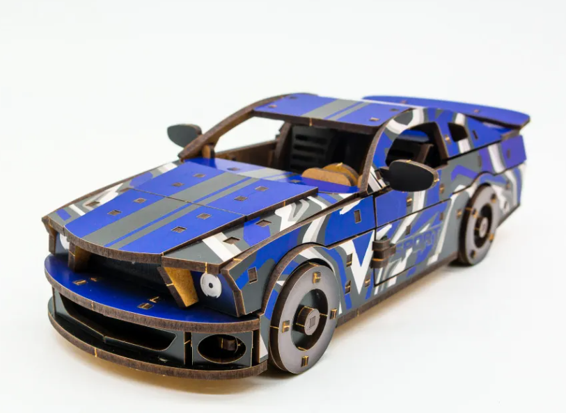 Конструктор дерев’яний 3D "Muscle Car", синій колір, дет 162, 24*9*7 см,  Puz-00944, PuzzleOk зображення