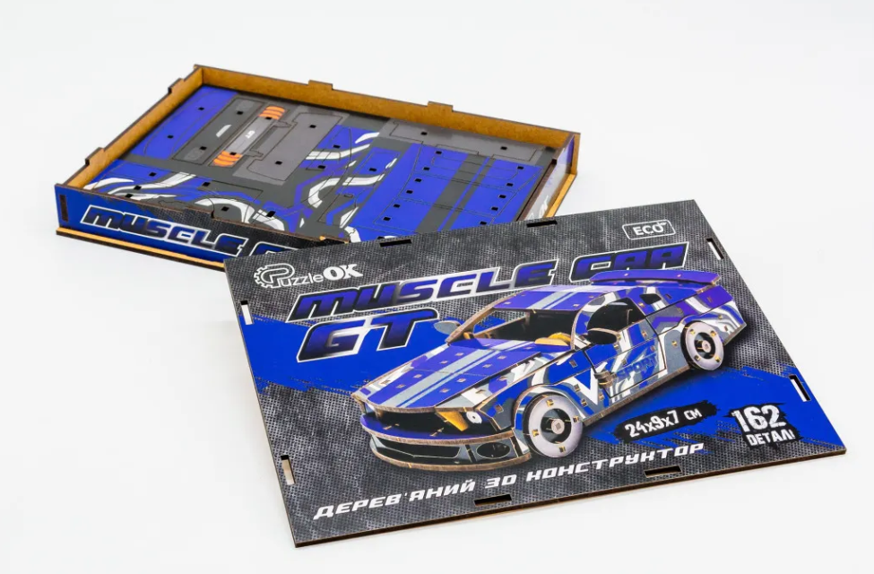 Конструктор дерев’яний 3D "Muscle Car", синій колір, дет 162, 24*9*7 см,  Puz-00944, PuzzleOk зображення товару
