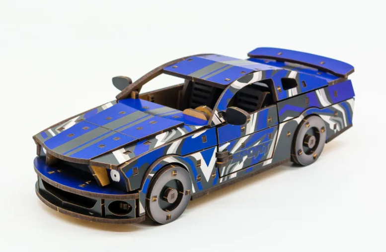 Конструктор дерев’яний 3D "Muscle Car", синій колір, дет 162, 24*9*7 см,  Puz-00944, PuzzleOk зовнішній вигляд