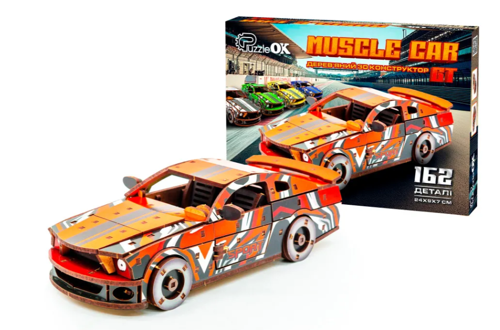 Конструктор дерев’яний 3D "Muscle Car", червоний колір, дет 162, 24*9*7 см, Puz-00942, PuzzleOk