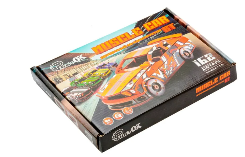 Конструктор дерев’яний 3D "Muscle Car", червоний колір, дет 162, 24*9*7 см, Puz-00942, PuzzleOk модель