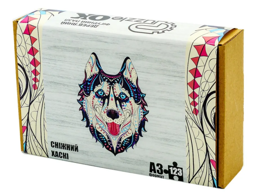Пазл дерев’яний Фігурний "Сніжний Хаскі" A3 в картонній упаковці, PuzzleOk