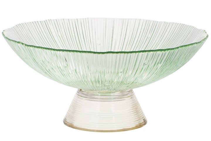Фруктовница из цветного стекла 25 см, на ножке, изумрудный с золотом, 5019L