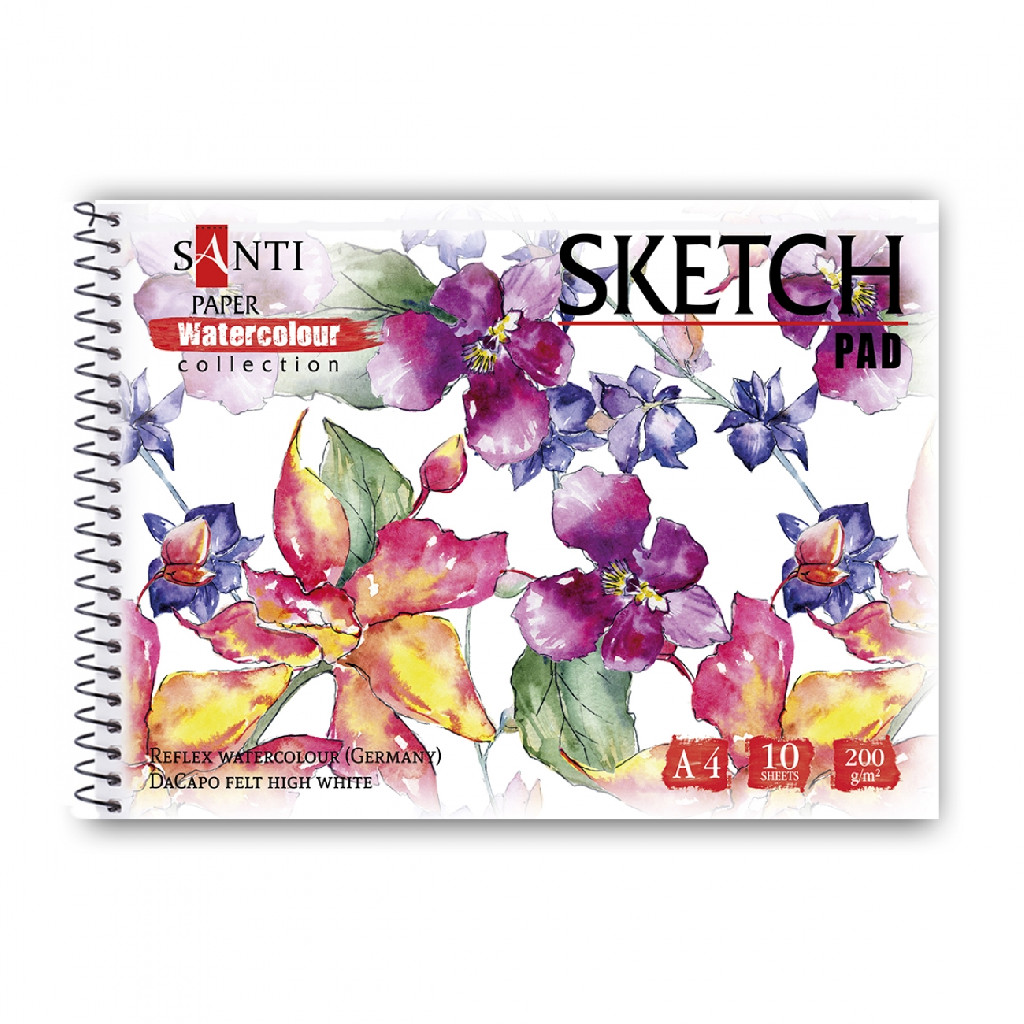 Альбом для акварели "Flowers" А4, "Paper Watercolour Collection" 10 л., 200г/м2, Santi, 130498